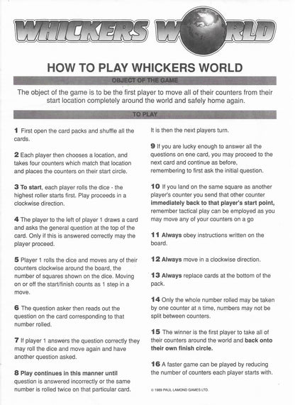 How to play Whickers World 1989 – answer questions to move your counters and race around the world.