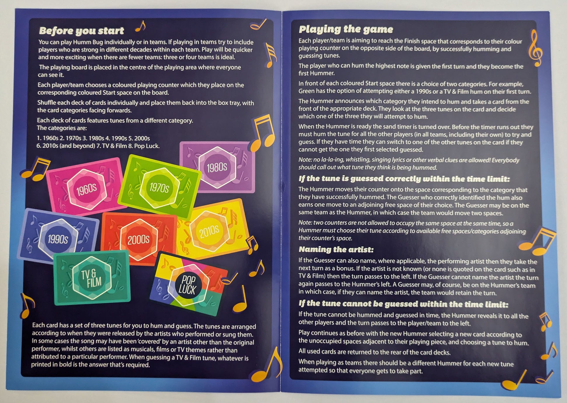"Detailed Humm Bug gameplay guide explaining how teams guess songs from different genres while racing against the clock."