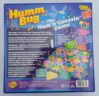 "Back view of Humm Bug (2020) game box featuring musical icons, party-themed visuals, and the game logo emphasizing fun and music."