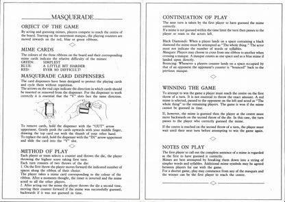 Land on a space, pick a mime card, act it out, and move forward if guessed right – that’s Masquerade (1986)!