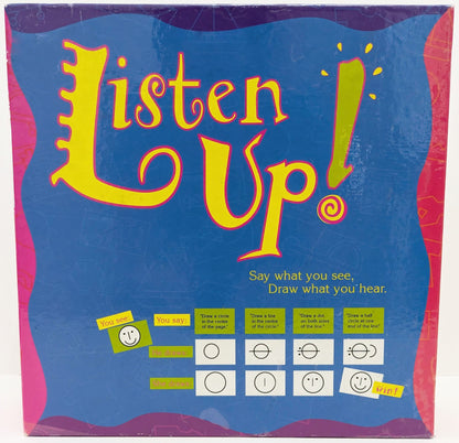 "Listen Up (1997) game box featuring colourful geometric shapes, drawing tools, and the game logo emphasizing creativity and fun."