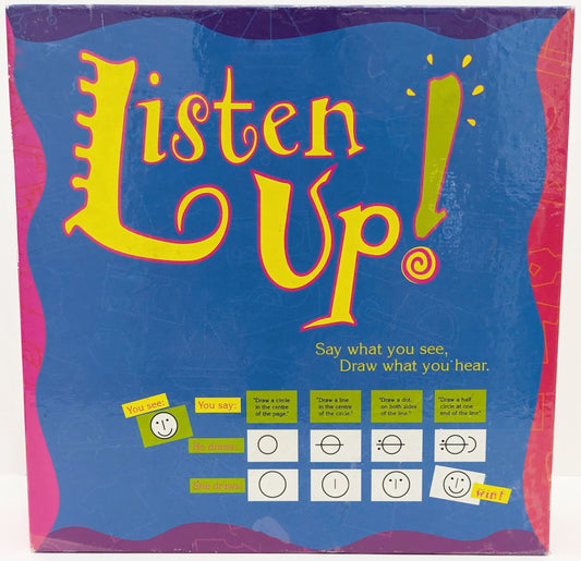 "Listen Up (1997) game box featuring colourful geometric shapes, drawing tools, and the game logo emphasizing creativity and fun."