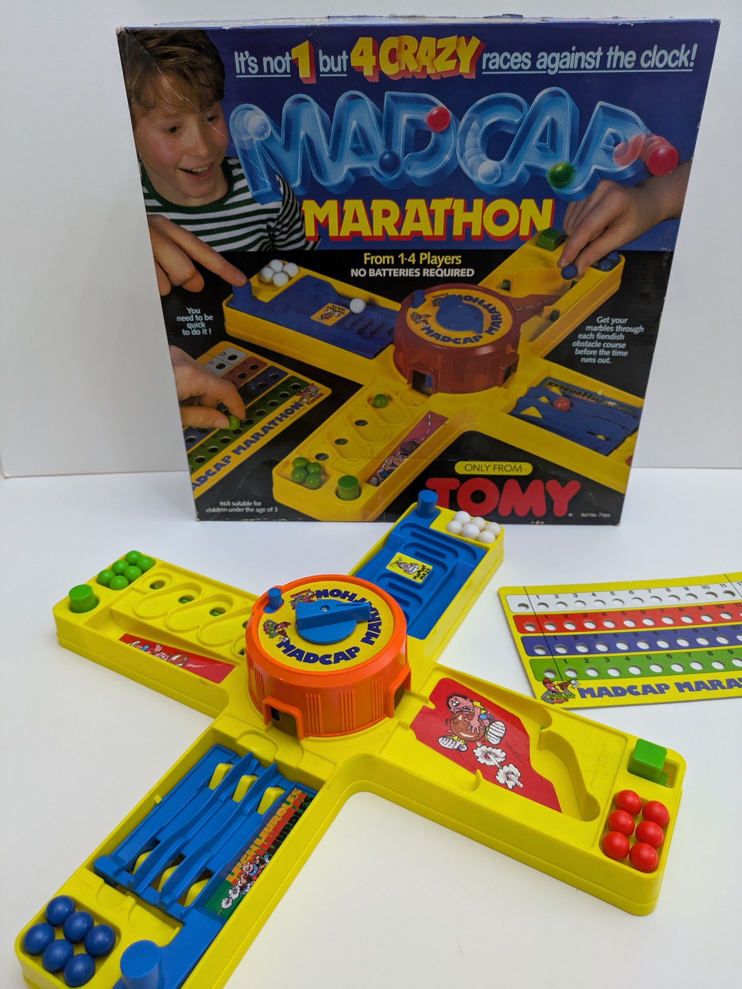 Complete Madcap Marathon setup with four obstacles, marble controls, and timer ready for action-packed solo or group gameplay.