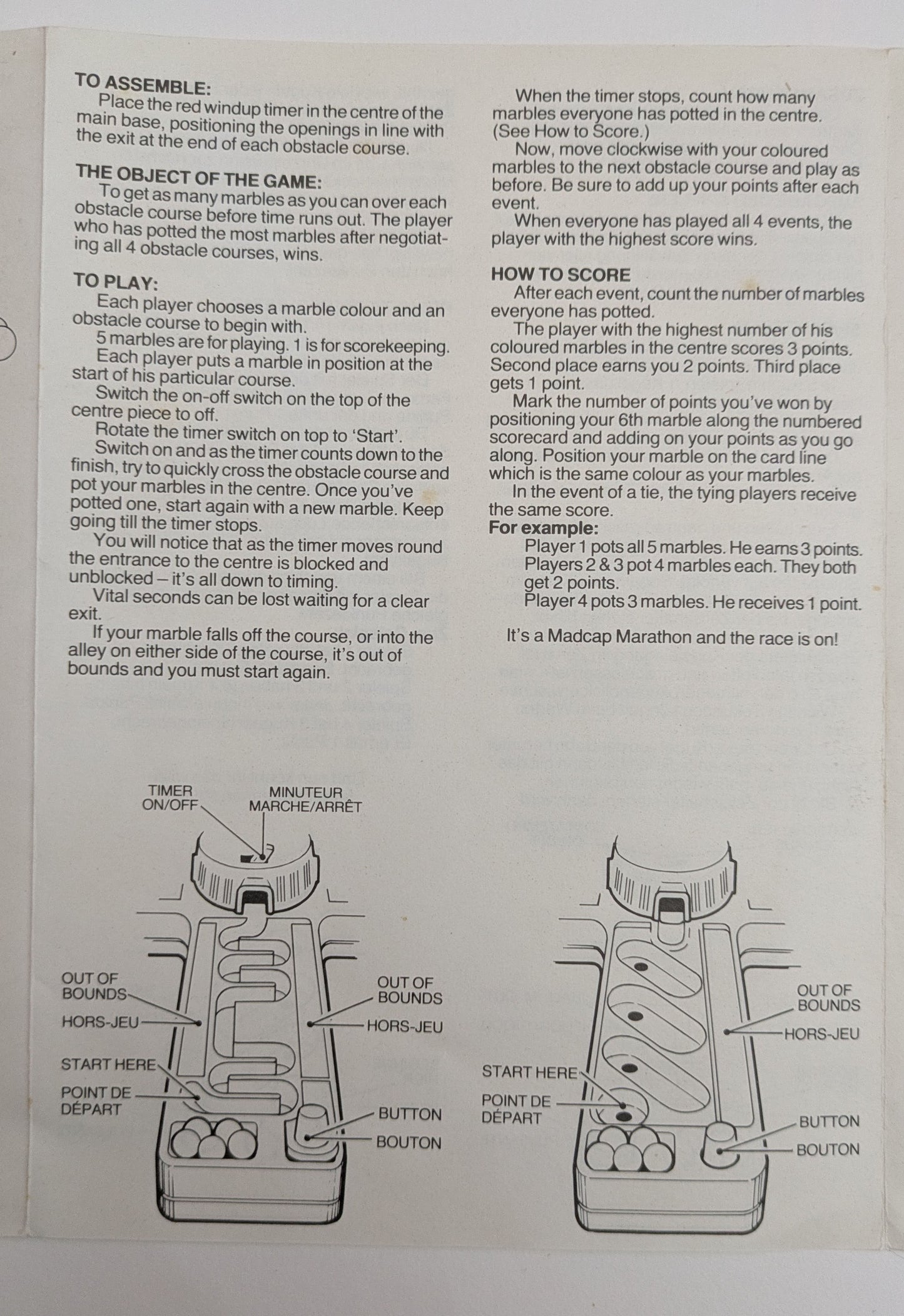 Detailed gameplay guide for Madcap Marathon (1981) explaining setup, obstacle mechanics, and scoring.