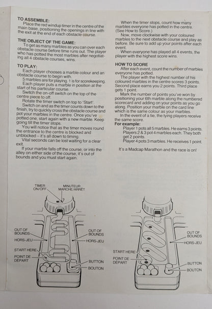 Detailed gameplay guide for Madcap Marathon (1981) explaining setup, obstacle mechanics, and scoring.