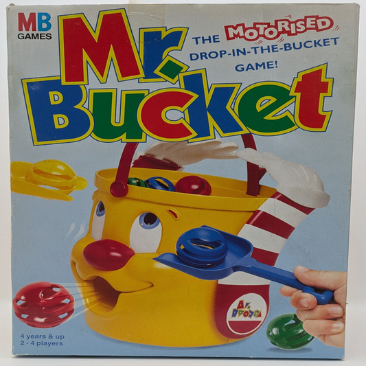 "Mr. Bucket game box cover featuring a colourful cartoon bucket character with balls flying out, highlighting the fun, action-packed gameplay for kids and families."
