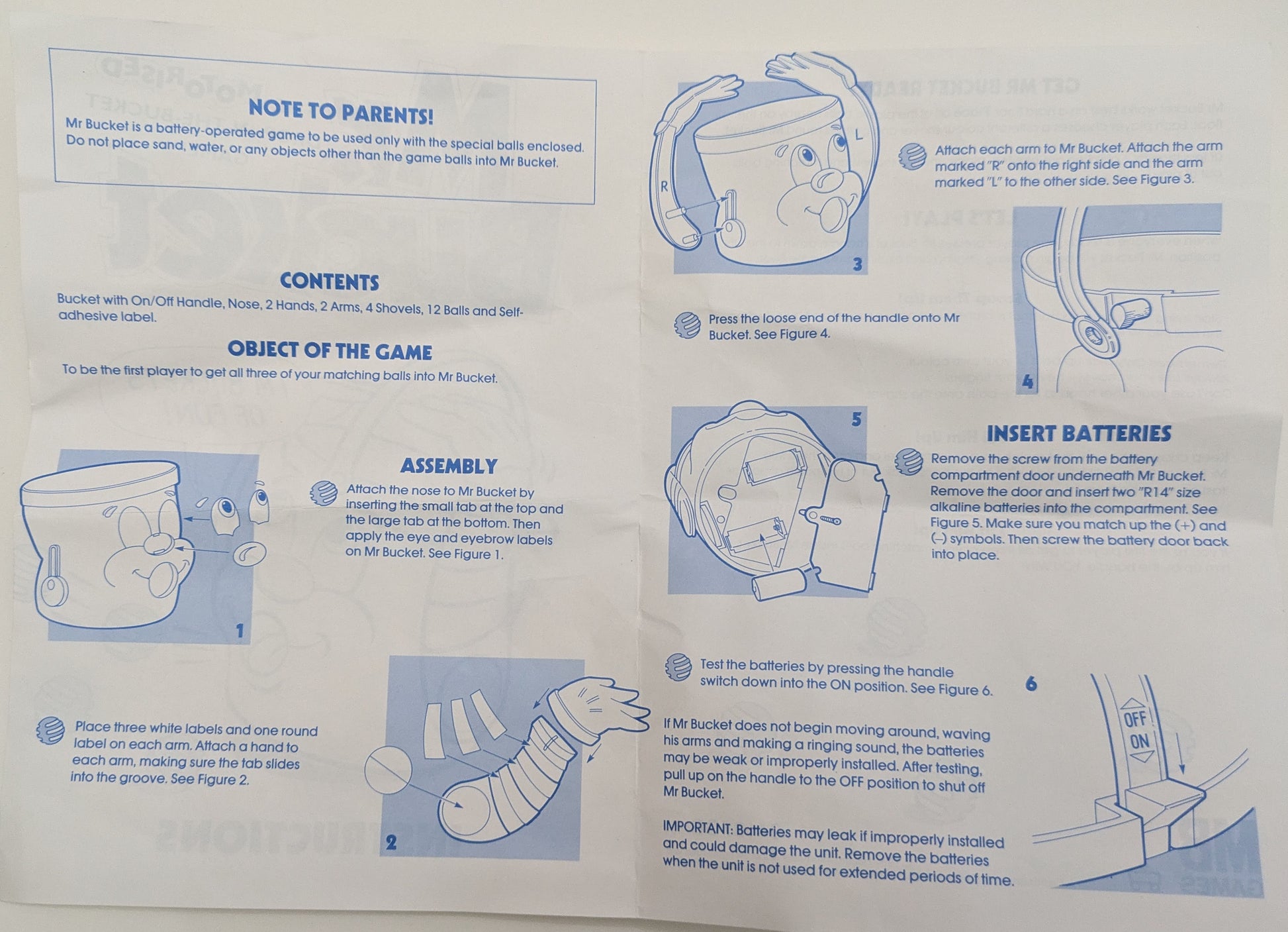 "Detailed game instructions for Mr. Bucket, explaining how players use shovels to scoop and drop balls into the bucket while it moves and spits them back out."