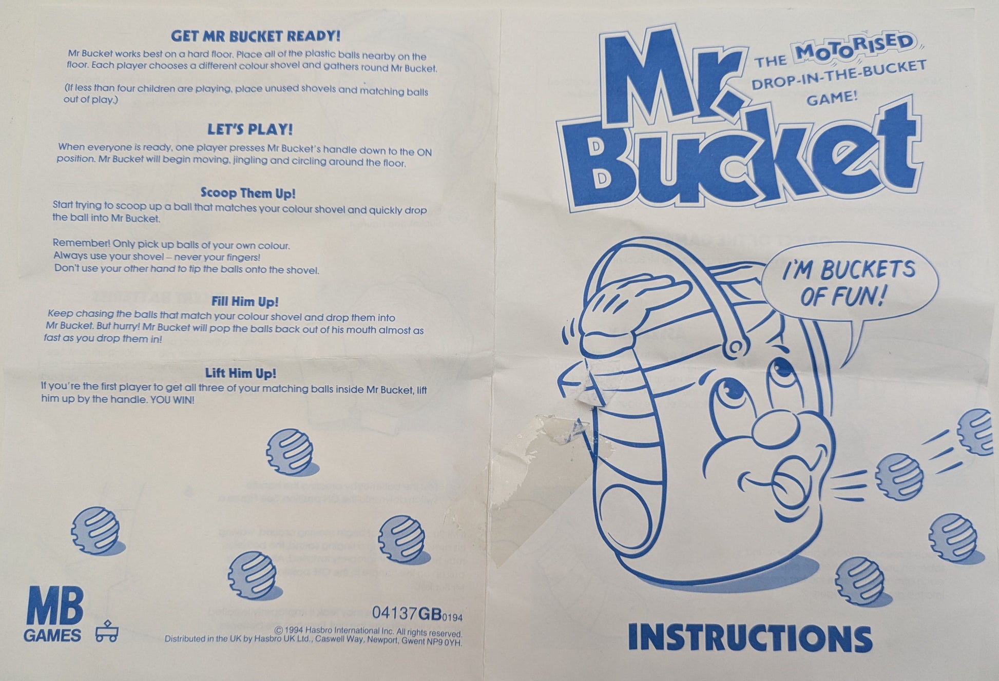 "Mr. Bucket game instructions showing step-by-step how to set up, play, and win the game by collecting and dropping balls into the moving bucket."