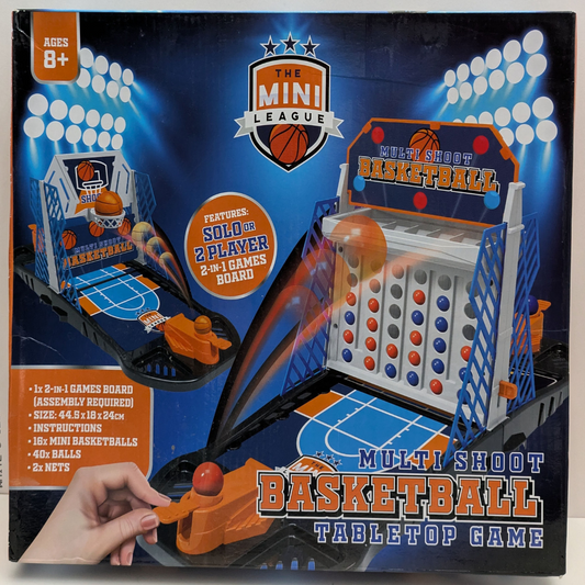 Multi Shoot Basketball game box featuring basketball hoops, mini balls, and vibrant visuals showcasing arcade-style fun.