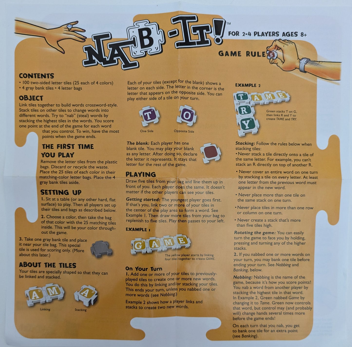 "Nab-It game instructions explaining how to create words using letter tiles, stack them on opponents’ words, and score points."