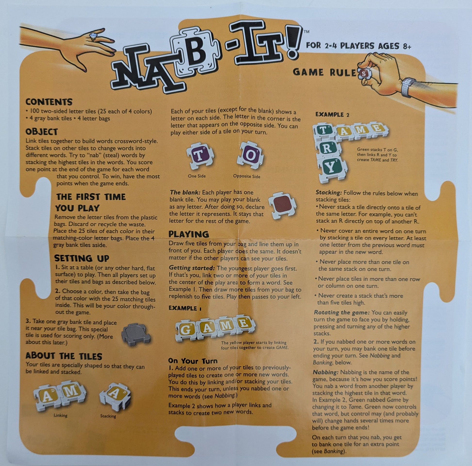 "Nab-It game instructions explaining how to create words using letter tiles, stack them on opponents’ words, and score points."