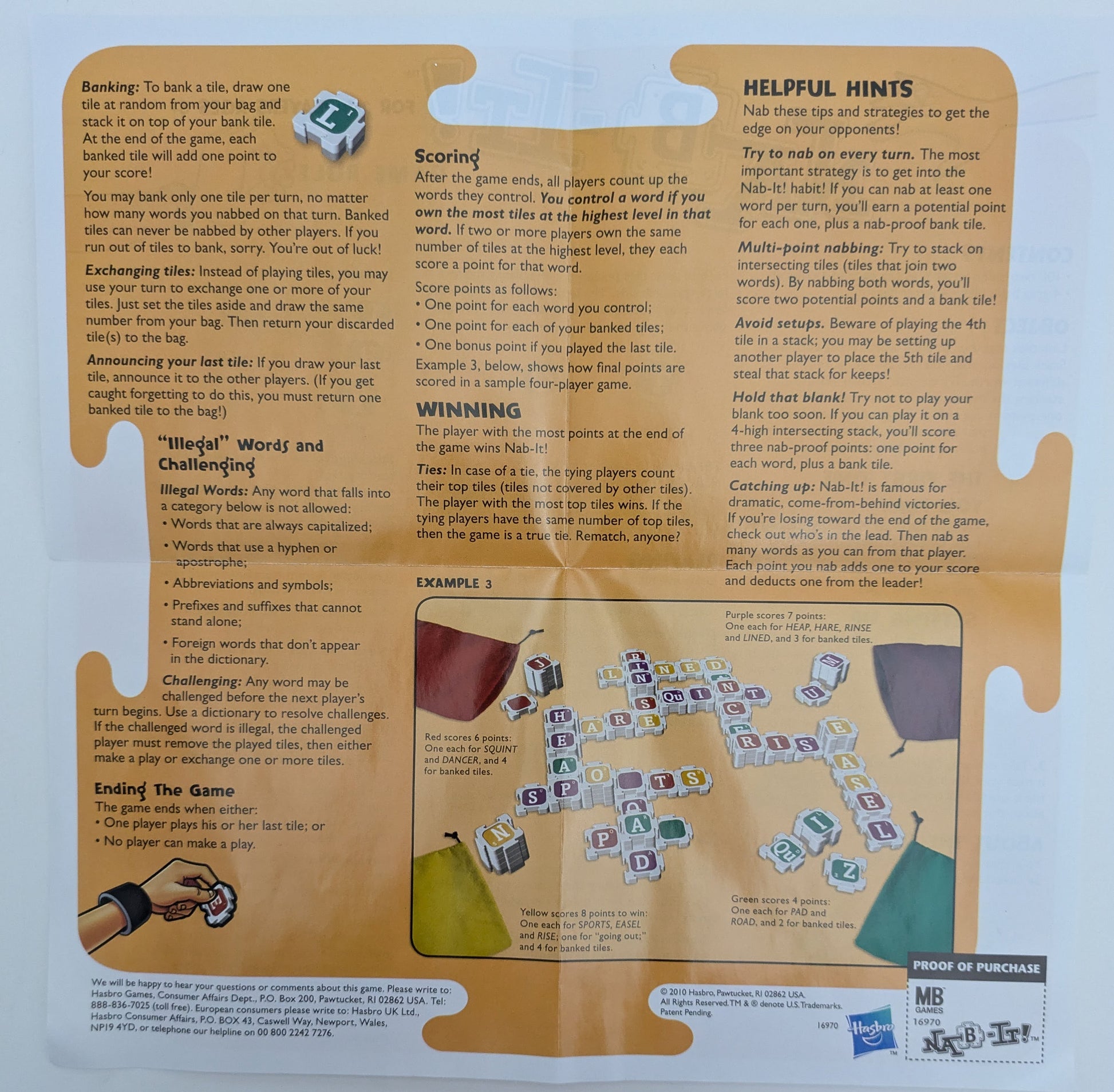 "Nab-It game instructions explaining how to create words using letter tiles, stack them on opponents’ words, and score points."