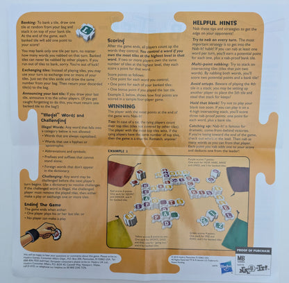 "Nab-It game instructions explaining how to create words using letter tiles, stack them on opponents’ words, and score points."