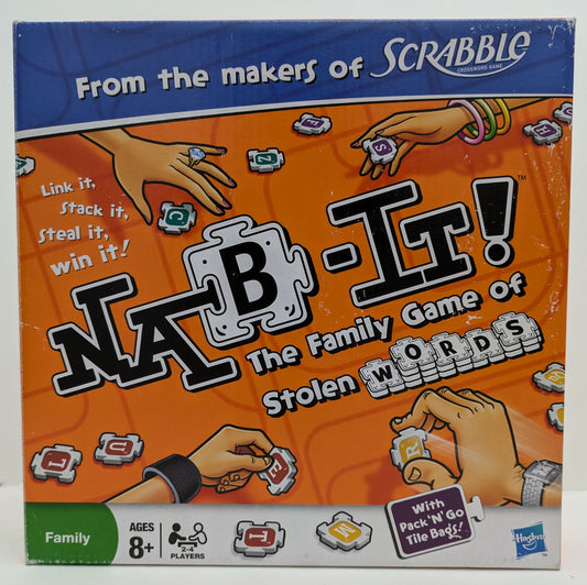 "Nab-It (2010) game box featuring colourful letter tiles, word-building graphics, and stacking action, emphasizing fun and competitive gameplay."
