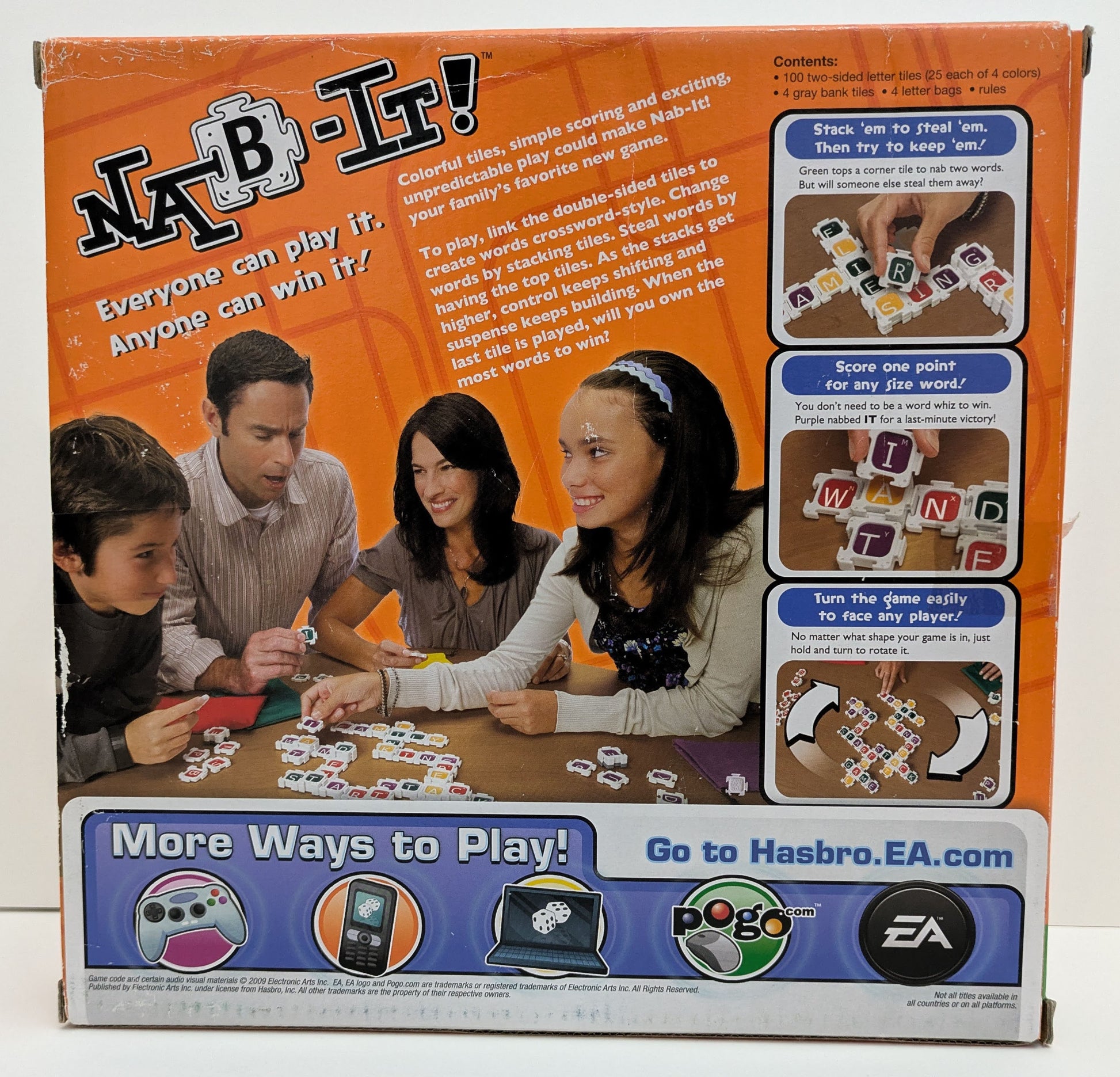 "Back view of Nab-It (2010) game box featuring the game logo, letter tiles, and stacking-themed graphics emphasizing word-building fun."