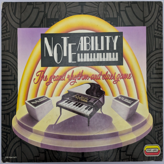 "Noteability (1990) game box featuring an electronic piano, musical notes, and song cards emphasizing fun, musical trivia gameplay."