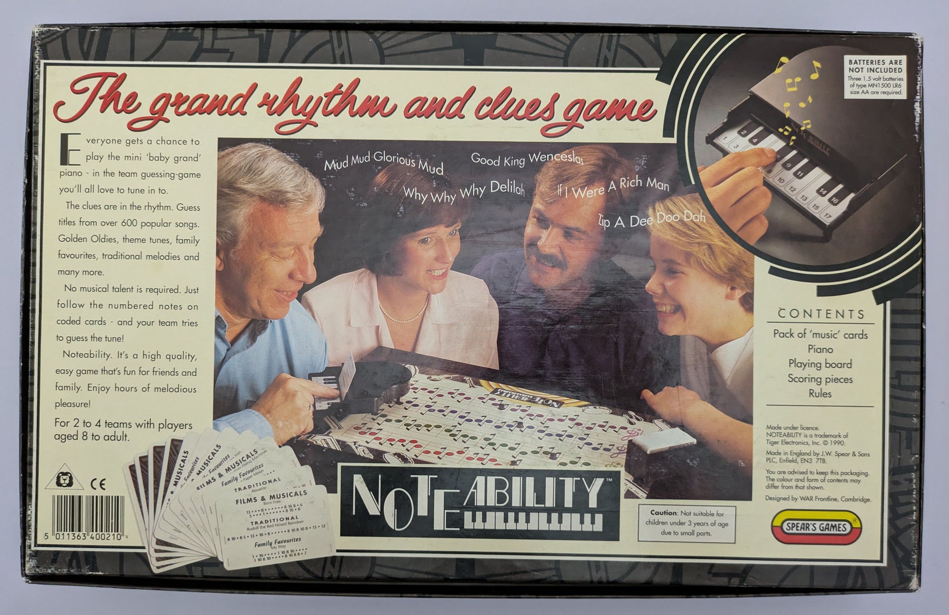 "Back view of Noteability (1990) game box featuring musical-themed graphics, the game logo, and a piano keyboard illustration."