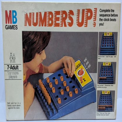 Numbers Up (1973) game box featuring a colourful pegboard, numbered pegs, and the game logo highlighting memory and speed challenges
