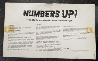 Numbers Up game instructions showing how to memorize peg locations and place them in numerical order on the board.