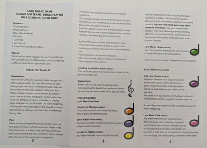 Lyric game instructions showing how to recall lyrics, perform charades, and describe song titles for an interactive musical game night.