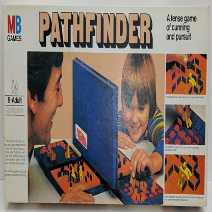 Pathfinder (1974) game box featuring maze visuals, strategic gameplay elements, and the game logo emphasizing deduction and mystery.