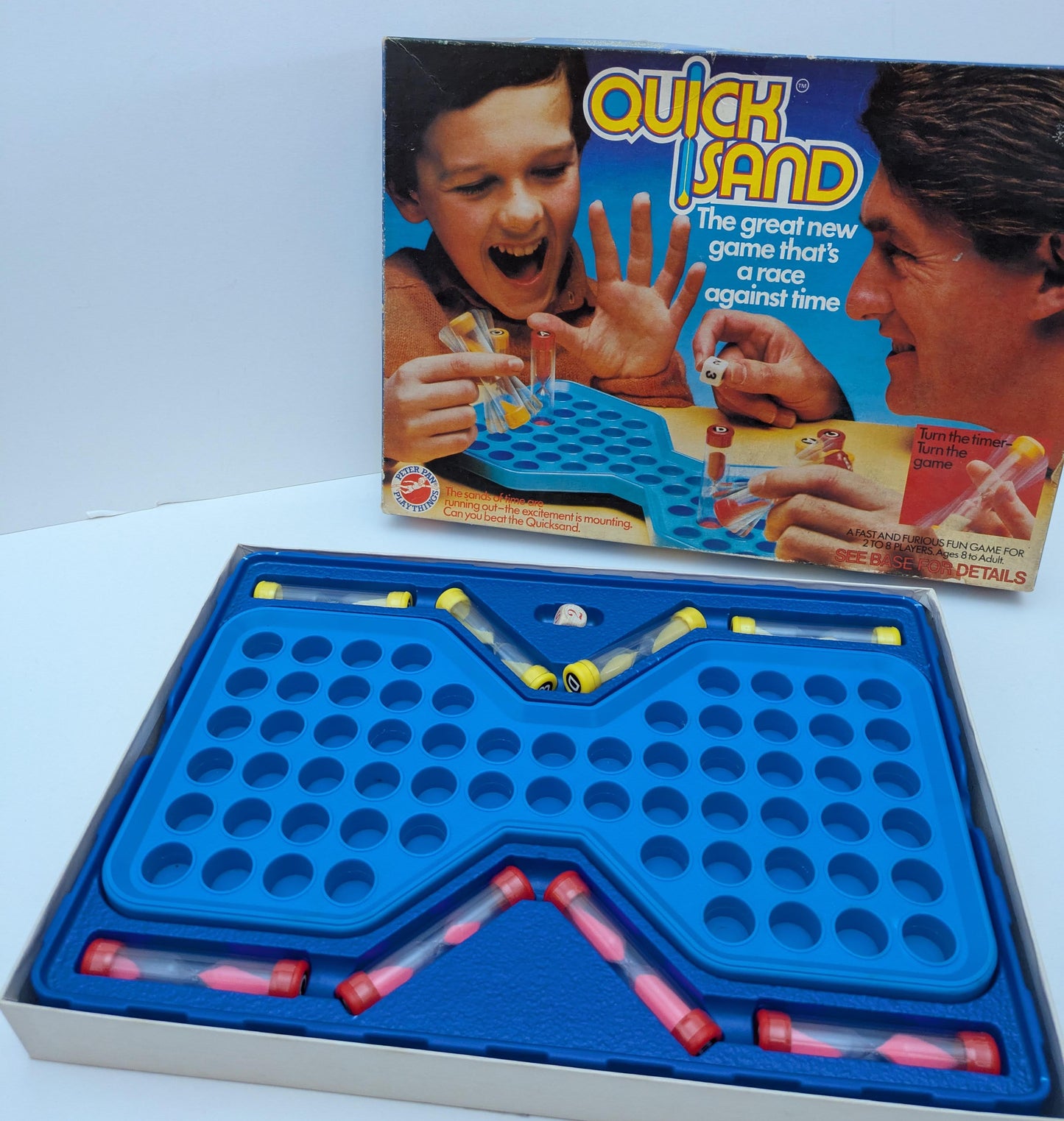 Quicksand (1981) is the thrilling timer-based race where your playing pieces are real sand timers.
