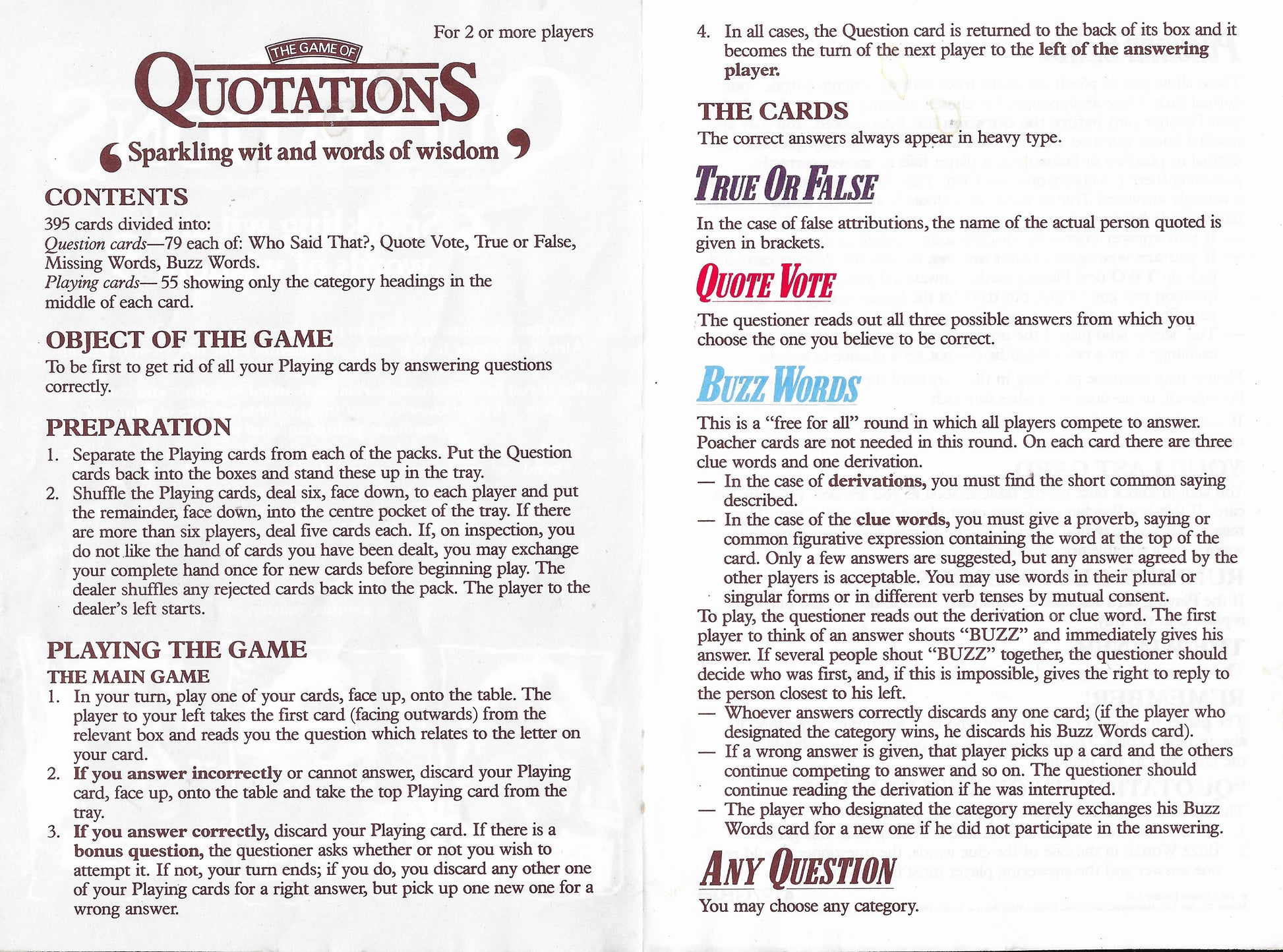 Quotations 1987 Game Instructions The Complete Guide to Playing