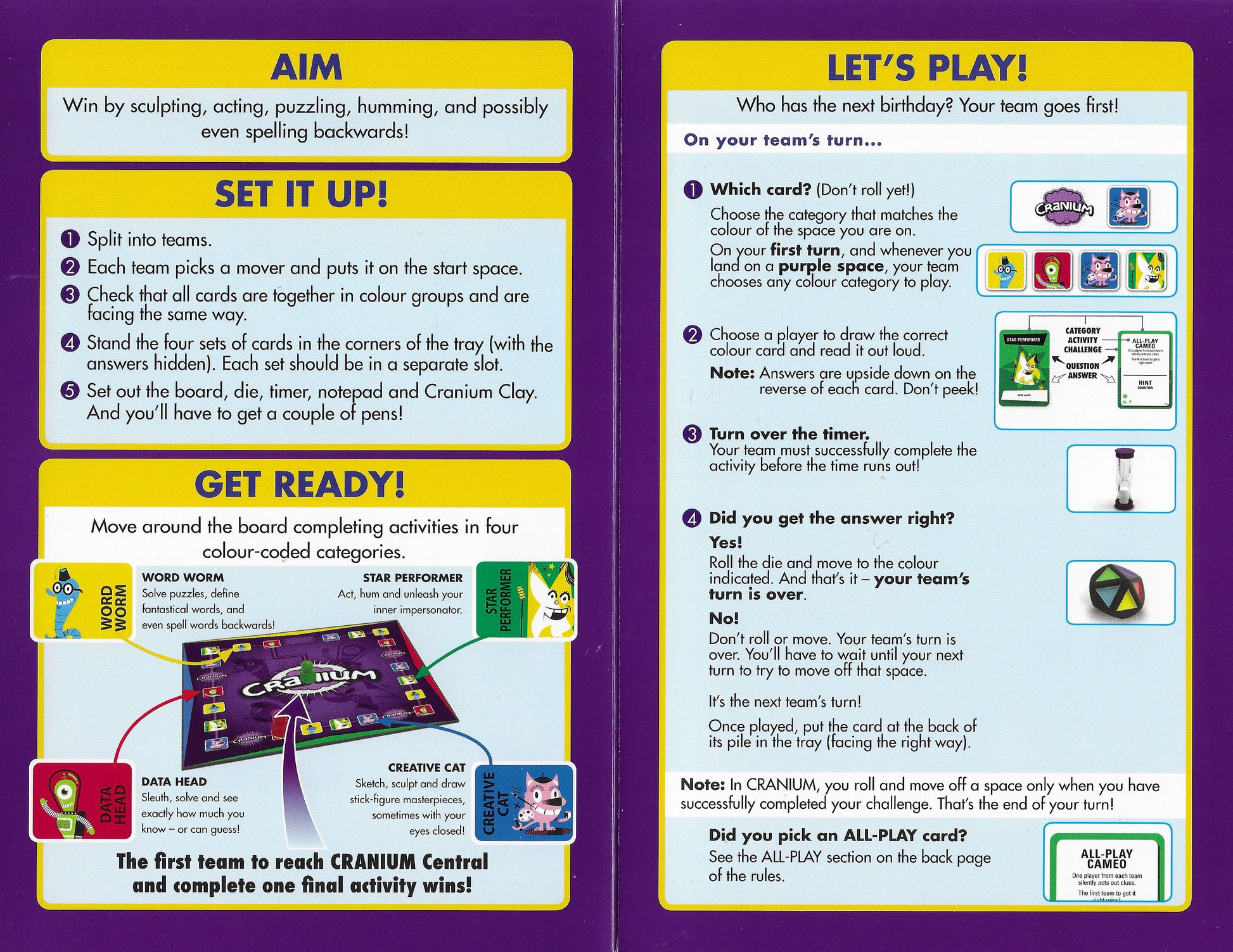 Rules of Play for Cranium (2016) If you land on an All-Play card, every team competes at once – the fastest correct answer wins the turn!