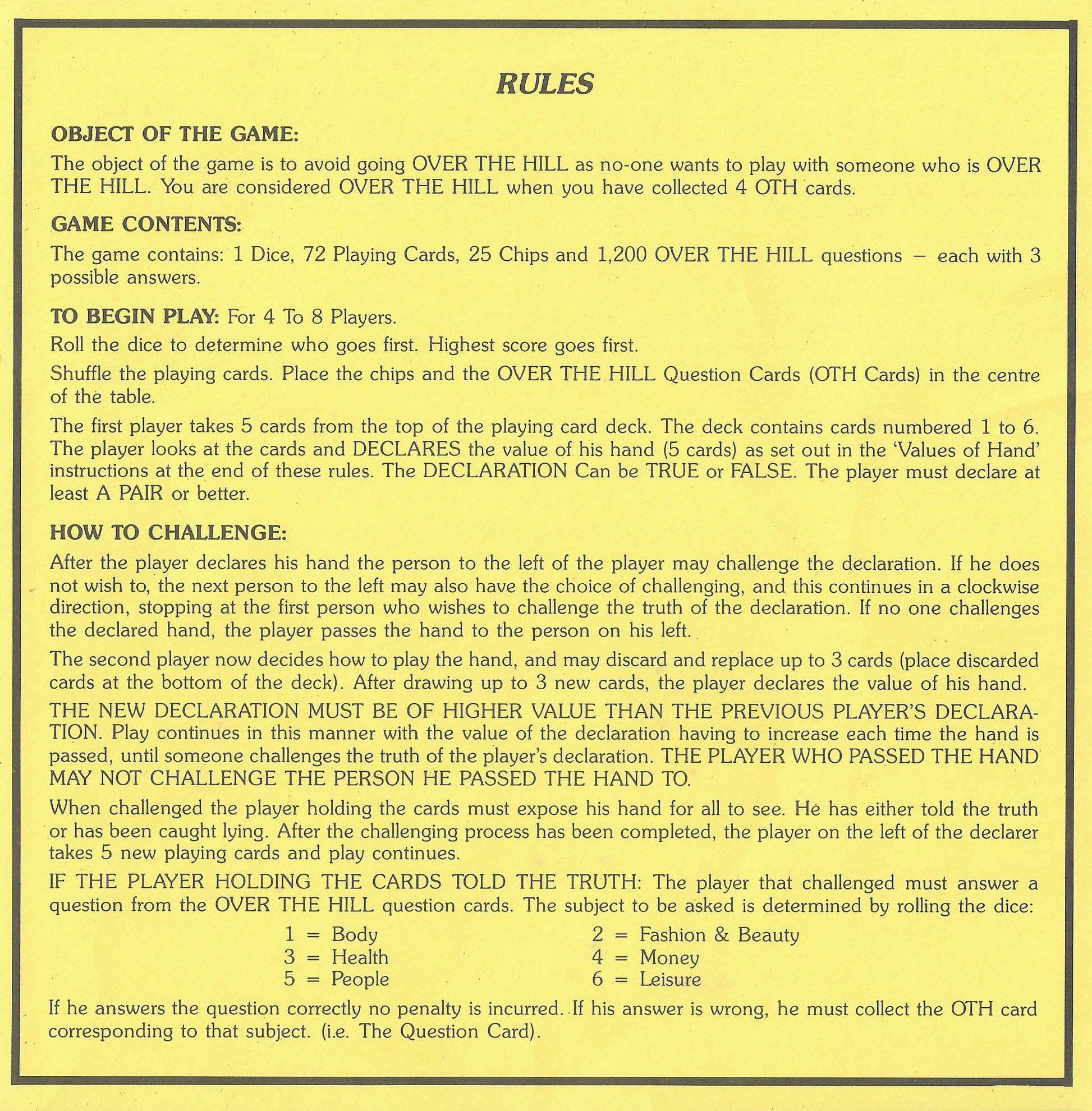 Rules of Play for Over the Hill (1993) – Learn How to Bluff, Challenge, and Win
