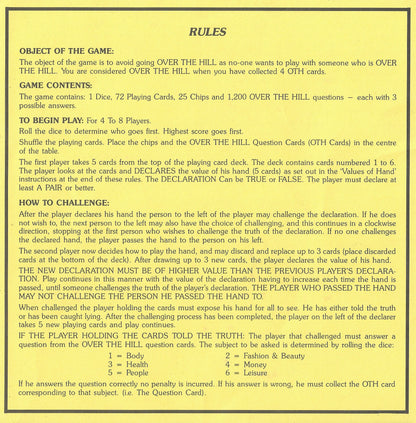 Rules of Play for Over the Hill (1993) – Learn How to Bluff, Challenge, and Win