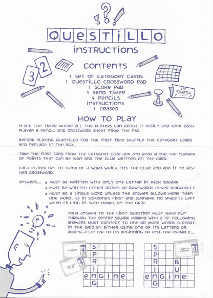 Solve clues and build your grid in the brilliant word game Questillo (1995).