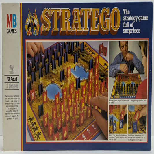 Stratego (1984) game box featuring army pieces, battlefield visuals, and the game logo highlighting tactical and strategic gameplay.
