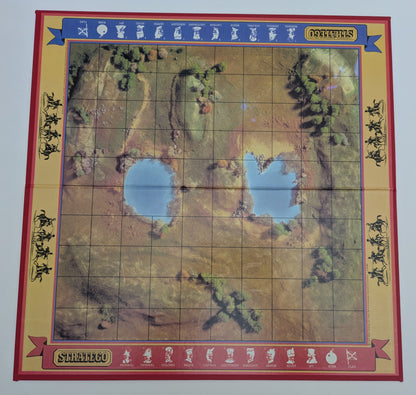 Complete Stratego (1984) game setup with game board, army pieces, and flags ready for a tactical two-player battle.