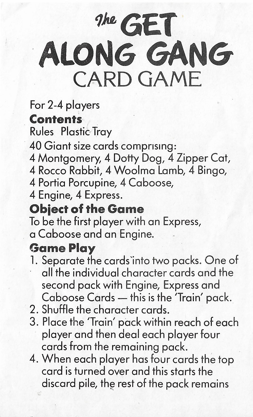 The Get Along Gang Card Game (1985) rules explain how to collect matching character cards and train cards