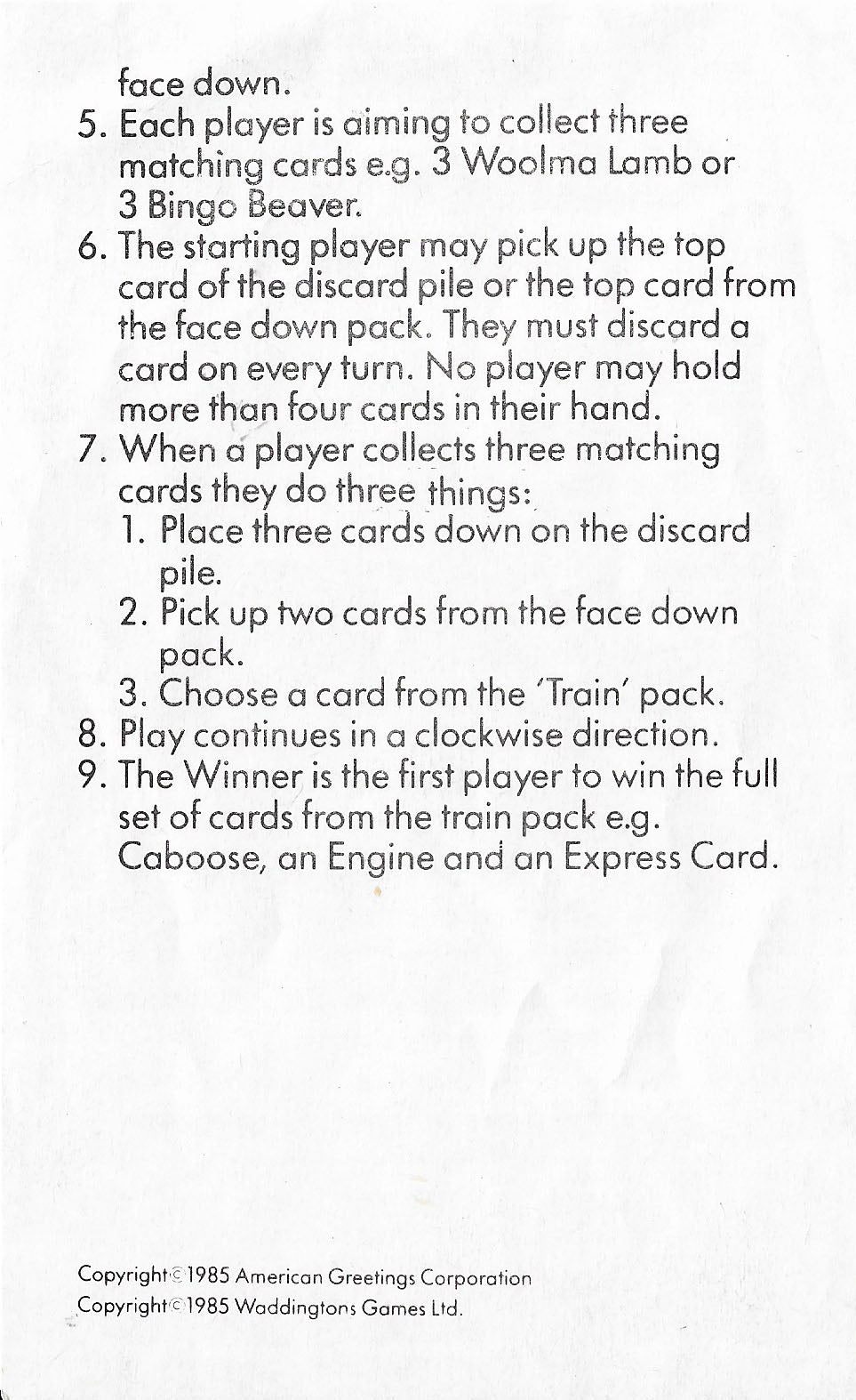 The Get Along Gang Card Game (1985) rules outline how players win by completing the train set