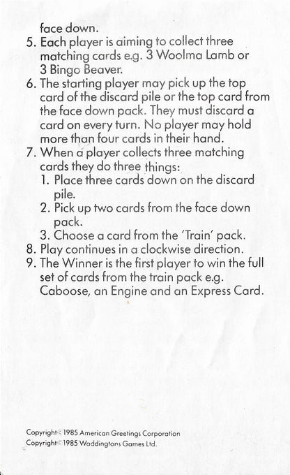 The Get Along Gang Card Game (1985) rules outline how players win by completing the train set