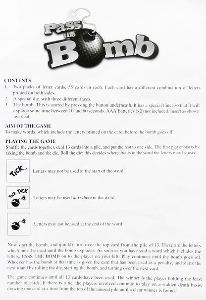 The official rules for Pass the Bomb (1994) explaining how to play this frantic word game.