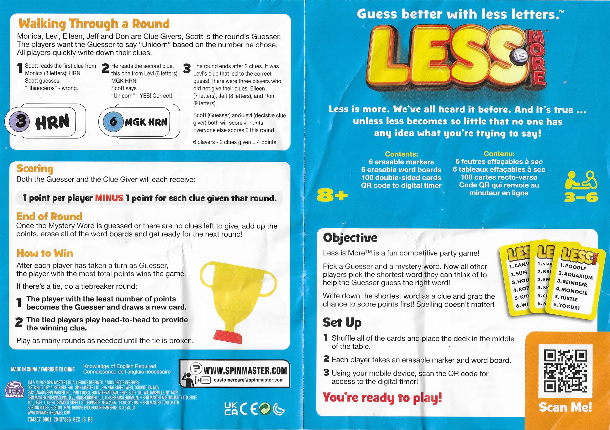The rules for Less Is More (2021) explain how players write short clues and reveal them in order from fewest letters to most.
