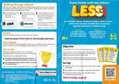 The rules for Less Is More (2021) explain how players write short clues and reveal them in order from fewest letters to most.