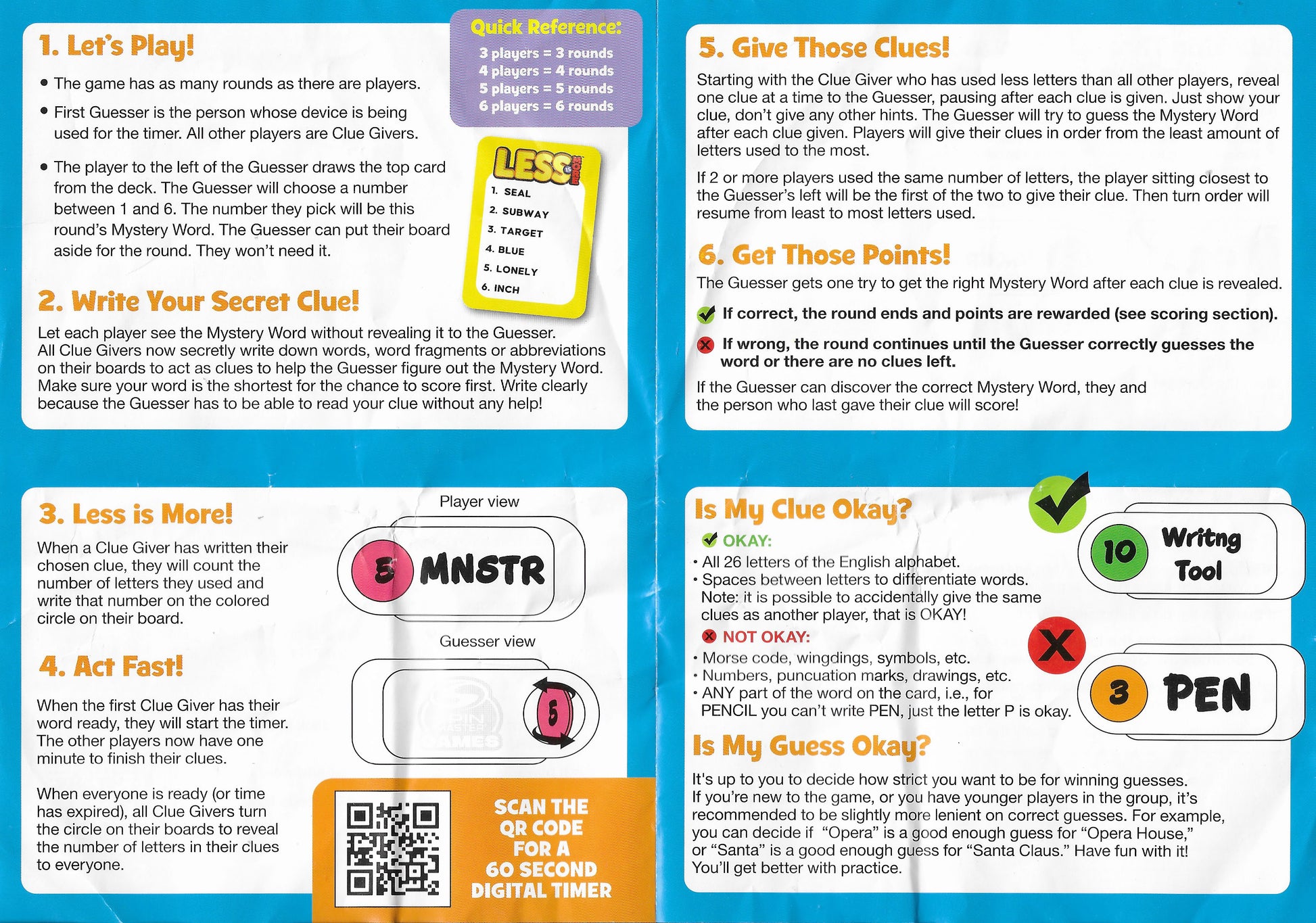 The rules for Less Is More (2021) show how scoring works when the mystery word is guessed or when clues run out.