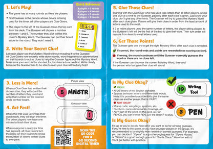 The rules for Less Is More (2021) show how scoring works when the mystery word is guessed or when clues run out.