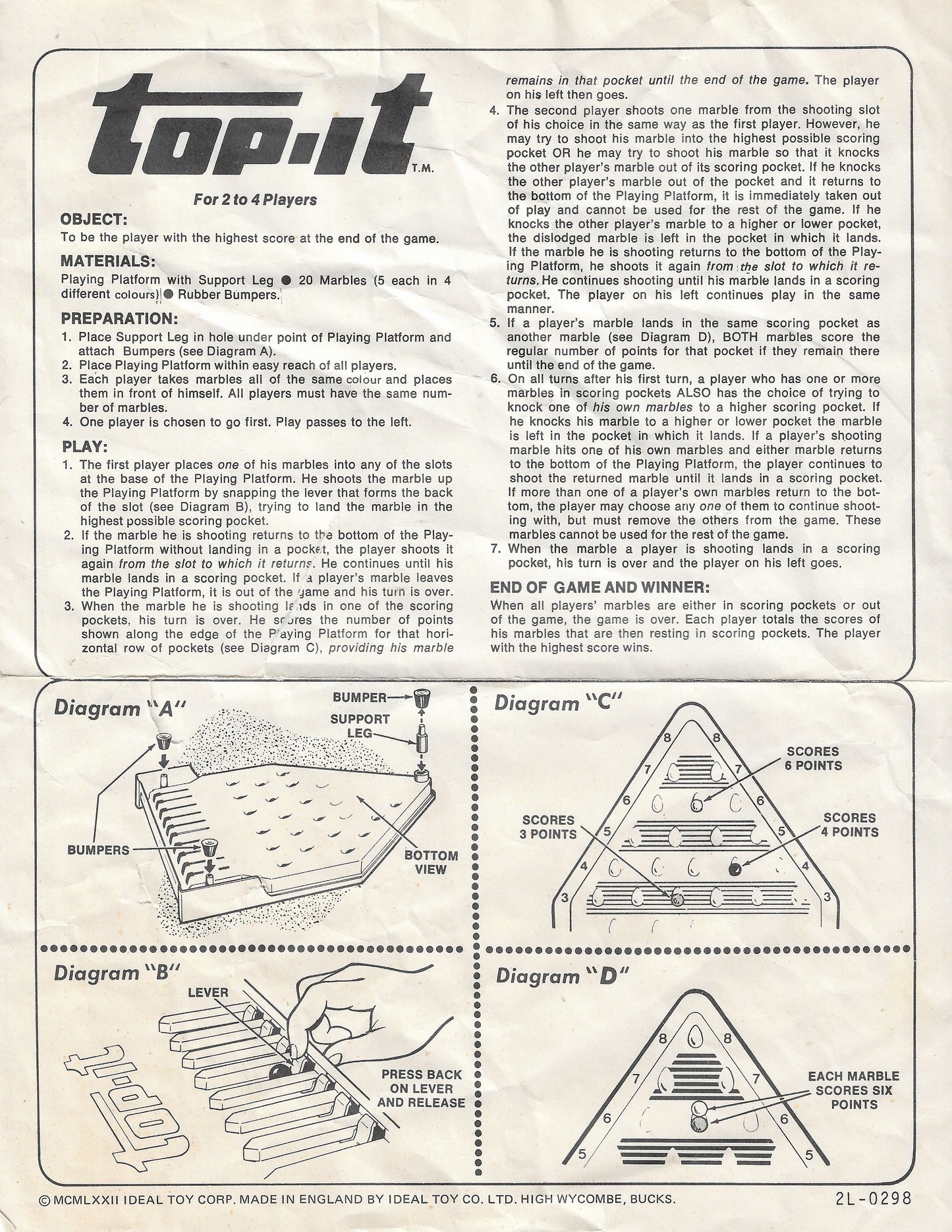 The rules for Top-It (1972) explain how players take turns shooting marbles into scoring pockets to build the highest total score.