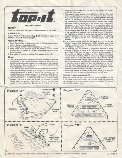 The rules for Top-It (1972) explain how players take turns shooting marbles into scoring pockets to build the highest total score.