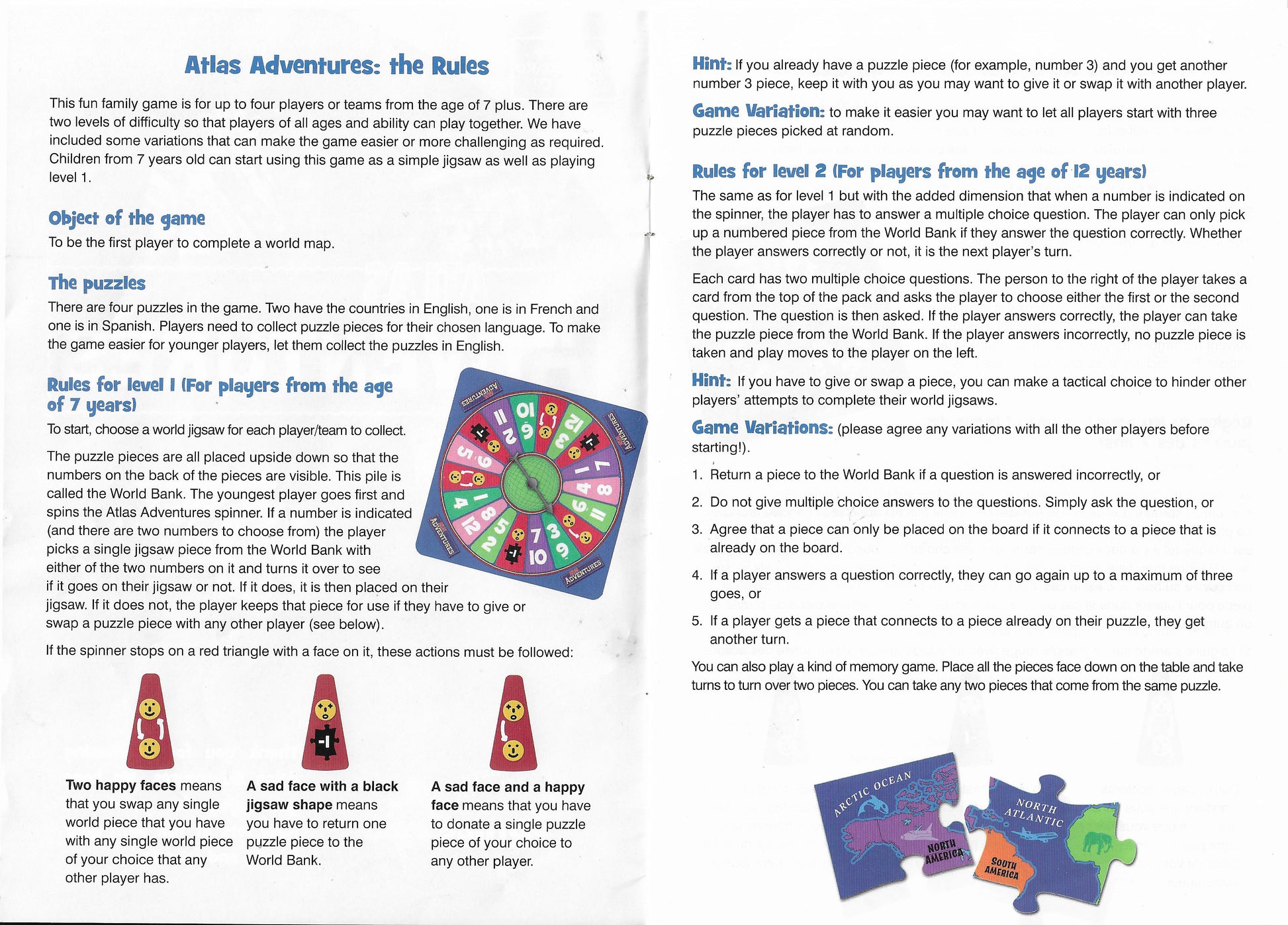 The rules of Atlas Adventures (1996) make it simple and fun to collect puzzle pieces and complete your jigsaw world.
