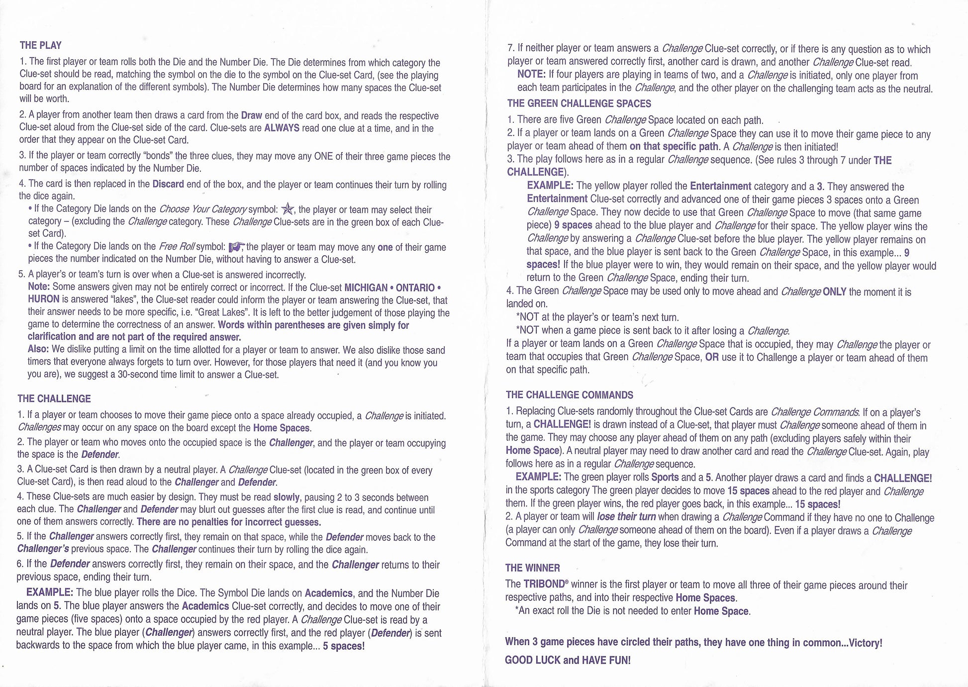 Tribond (1999) Official Rules For Playing the Classic Trivia Game