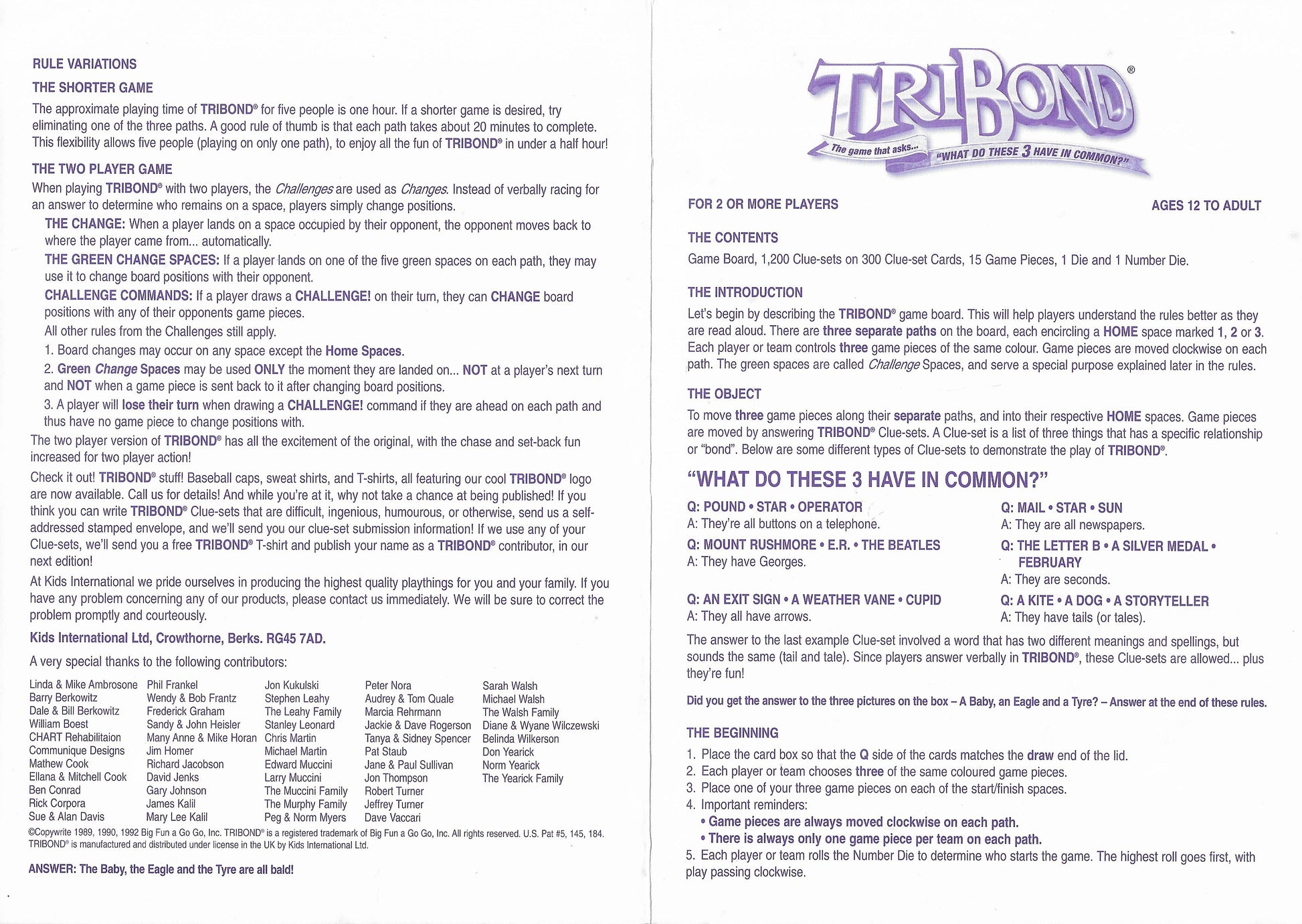 Tribond (1999) Rules Sheet For The Trivia Game of Connections