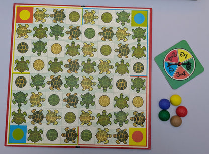 "Twisty Turtle (1982) game box featuring colourful turtles and a race-themed game board, highlighting fun and competitive gameplay."