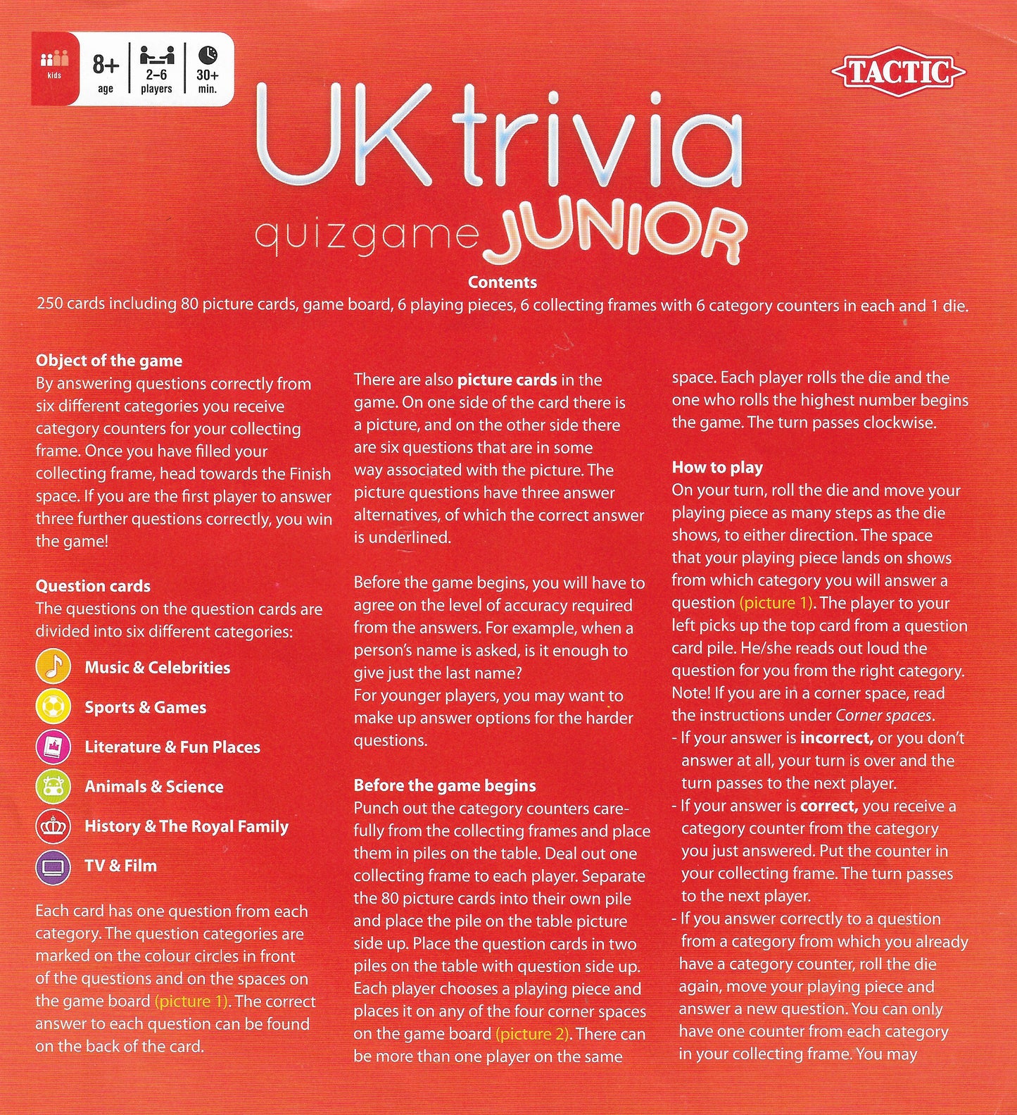 UK Trivia Junior (2009) rules explain how players answer questions to collect category counters