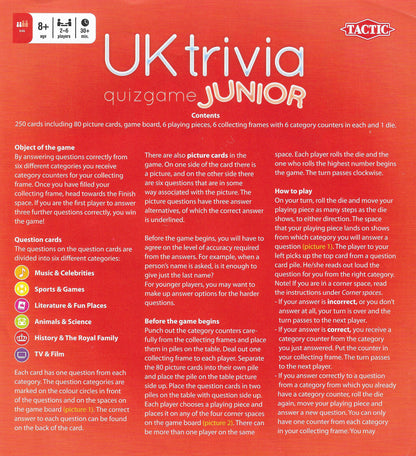 UK Trivia Junior (2009) rules explain how players answer questions to collect category counters
