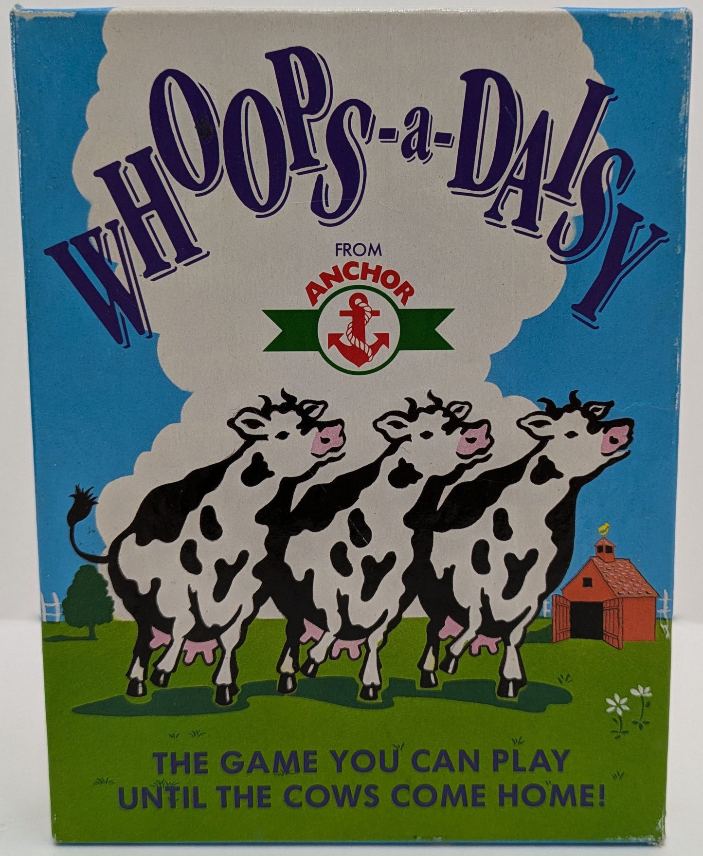 "Whoops-a-Daisy (1981) game box featuring a farm-themed design, cow figurines, and the game logo highlighting its quirky and fun gameplay."